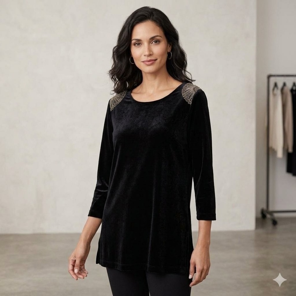 Chicos Travelers Black Beaded Shoulder Tunic Top Size 3 XL 3/4 Sleeve Knit